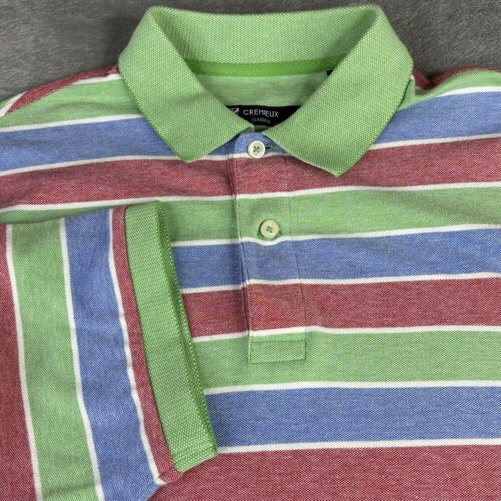 Cremieux Polo Shirt Mens Large Red‎ Blue Green Striped Side Slit Collared Cotton